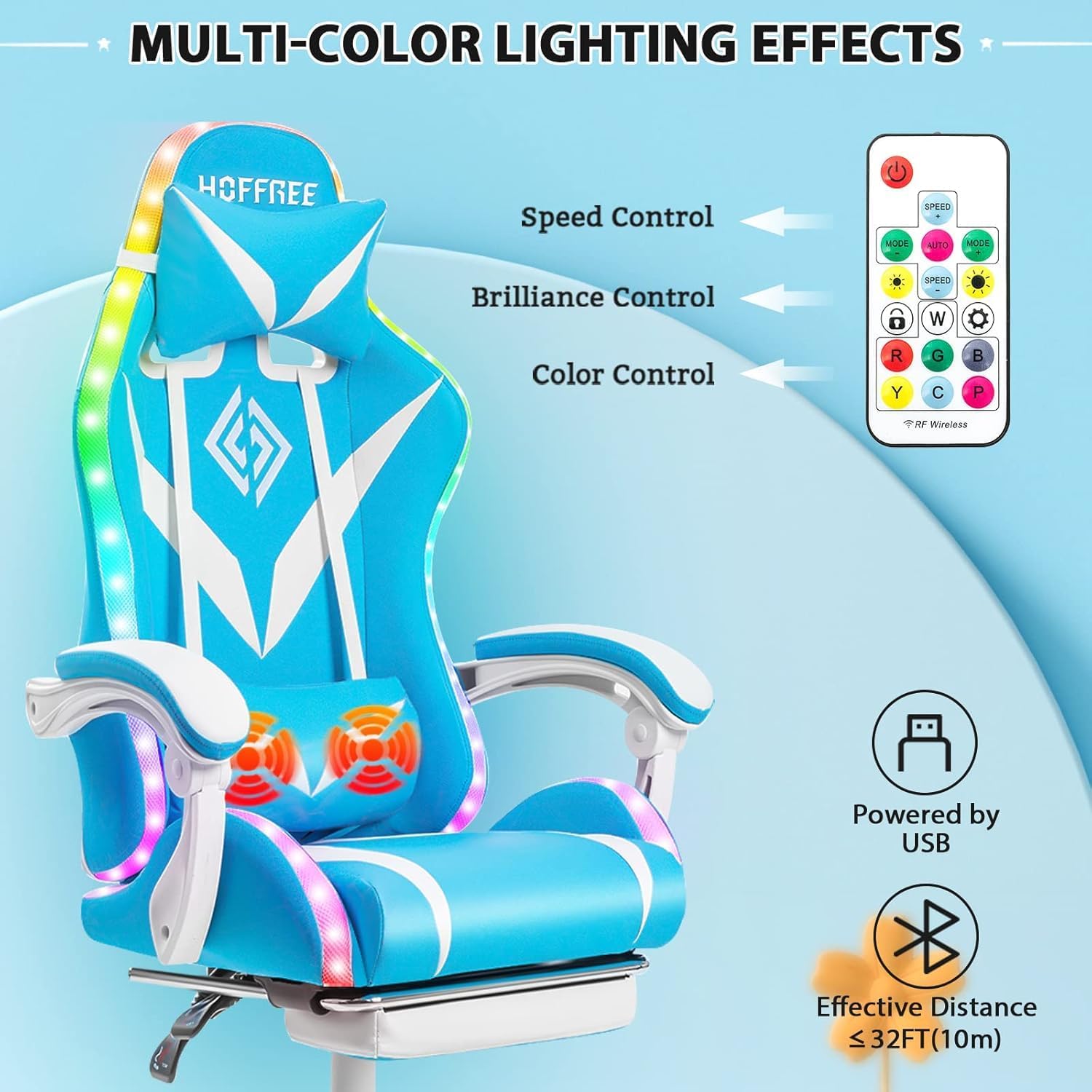 RGB Gaming Chair with LED Lights and Massage Ergonomic Computer Chair Cute with Footrest High Back Video Game Chair with Adjustable Lumbar Support Linkage Armrest Light Blue and White