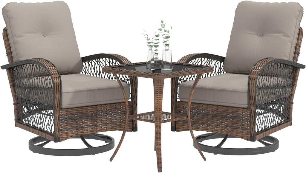 MELLCOM 3 Pieces Patio Furniture Set, Outdoor Swivel Rocker Patio Chairs, Wicker Patio Bistro Set with Rocking Chair, Thickened Cushions and Glass Coffee Table for Backyard, Garden, Grey