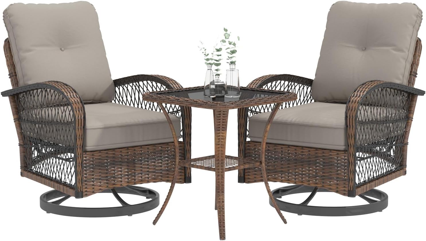 MELLCOM 3 Pieces Patio Furniture Set, Outdoor Swivel Rocker Patio Chairs, Wicker Patio Bistro Set with Rocking Chair, Thickened Cushions and Glass Coffee Table for Backyard, Garden, Grey