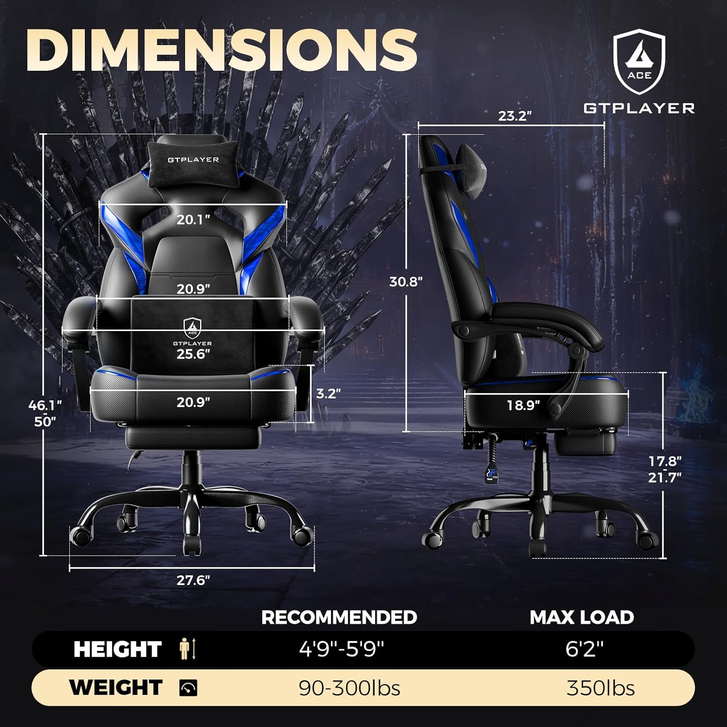 GTPLAYER Big and Tall Gaming Chair for Adults, Ergonomic Office Chair with Footrest, Heavy Duty 350 lbs Capacity, High Back, Premium Leather & Iridescent Trim, ACE-Armor, Black & Blue