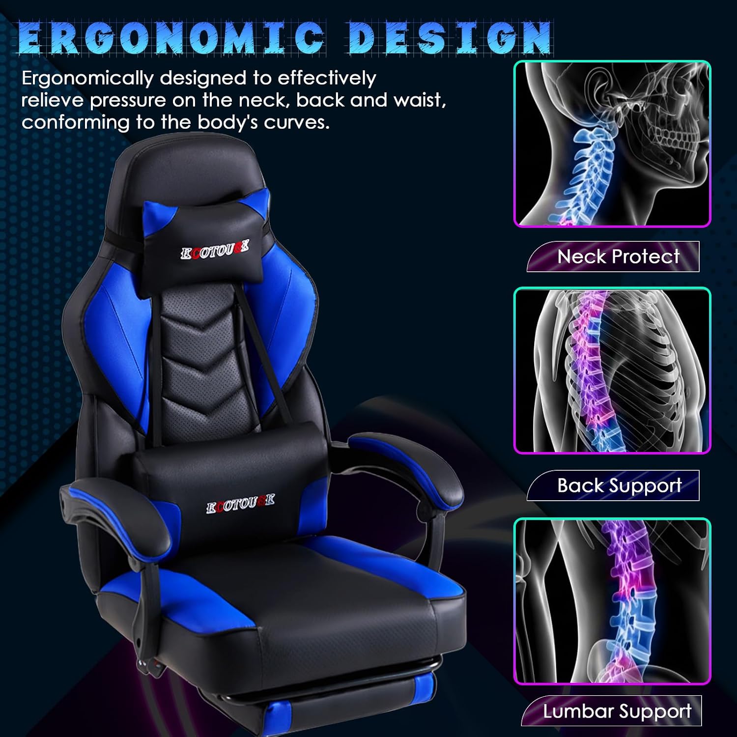 ECOTOUGE Gaming Chair with Footrest, Big and Tall Silla Gamer with Massage Lumbar Support, Ergonomic Gamer Chair with Reclining High Back, 360° Swivel Gaming Computer Chair, Blue