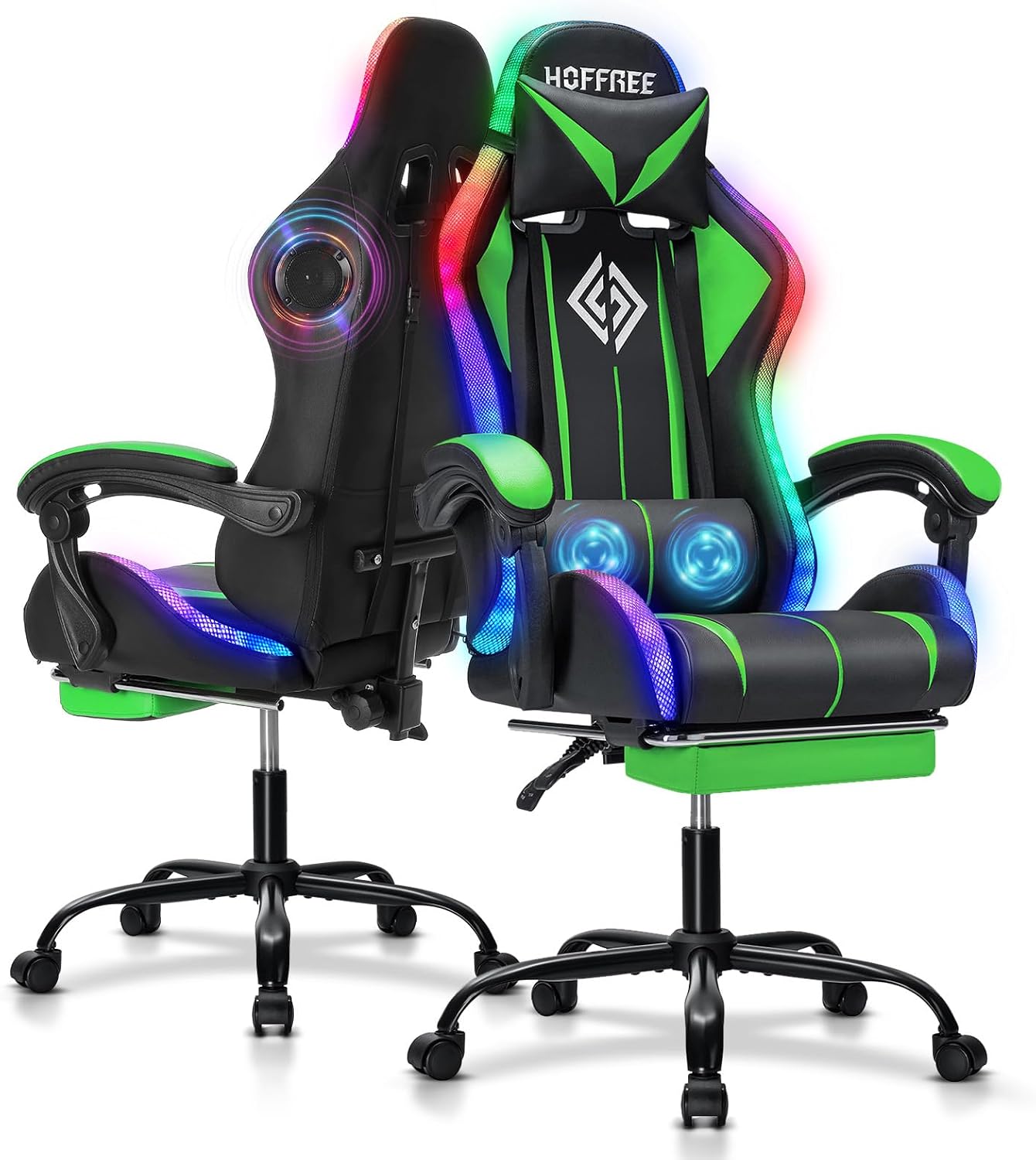 Gaming Chair Massage with Bluetooth Speakers and Lights Ergonomic Computer Game Chair with Footrest LED RGB Lights High Back Music Video Game Chair with Lumbar Support Green and Black