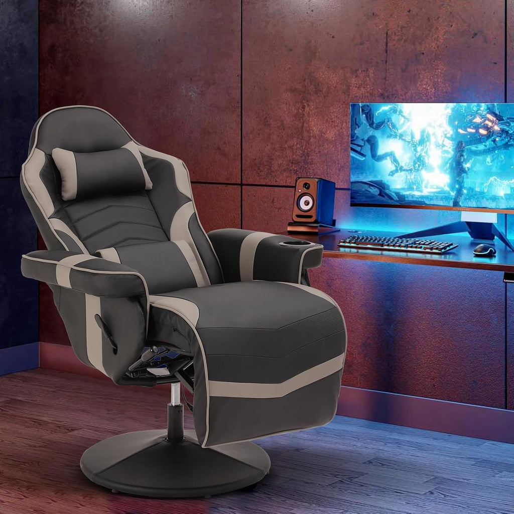 Gaming Chairs for Adults, Gaming Chair with Footrest, Massage Gaming Chair w/Adjustable Height and Backrest, Swivel Video Game Chair with Lumbar Support, Side Pouch (Black& Grey)