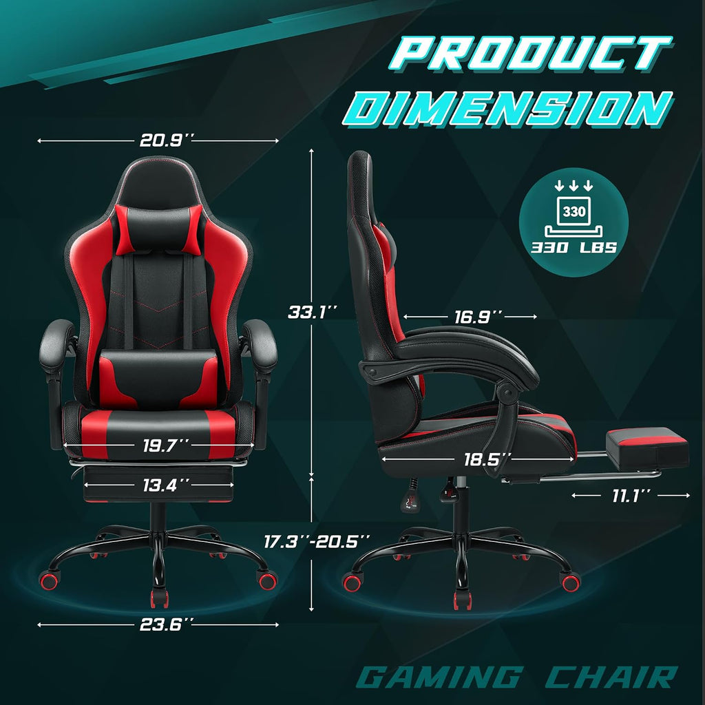 Gaming Chair with RGB, Computer Gaming Chairs with LED Lights and Footrest for Home, Office, Red and Black