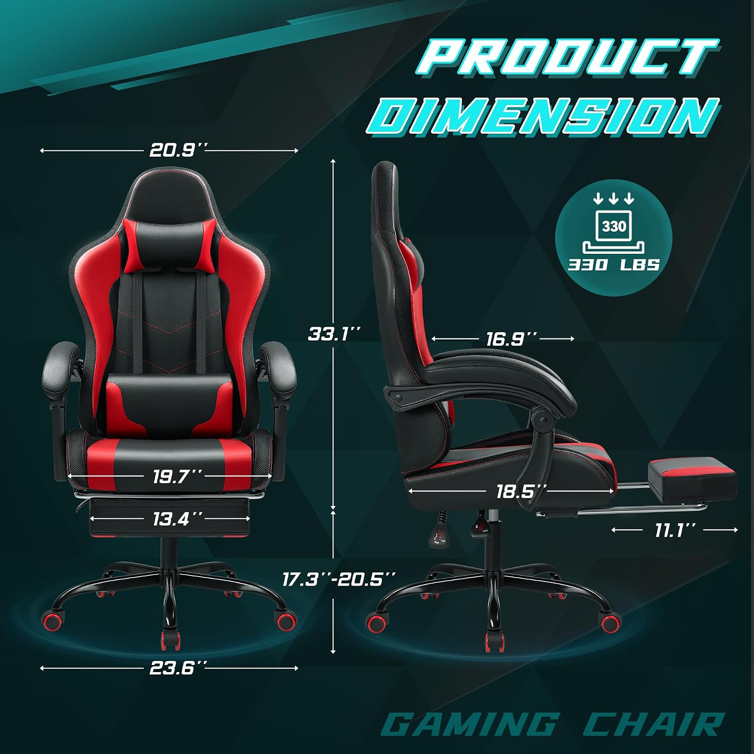 Gaming Chair with RGB, Computer Gaming Chairs with LED Lights and Footrest for Home, Office, Red and Black