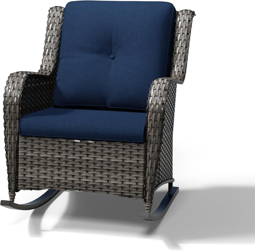 Joyside Outdoor Rocking Chair, Wicker Patio Furniture with High Back, Deep Seating, Wide Armrest, Thickened Cushions, Outdoor Rattan Furniture for Deck, Porch Use