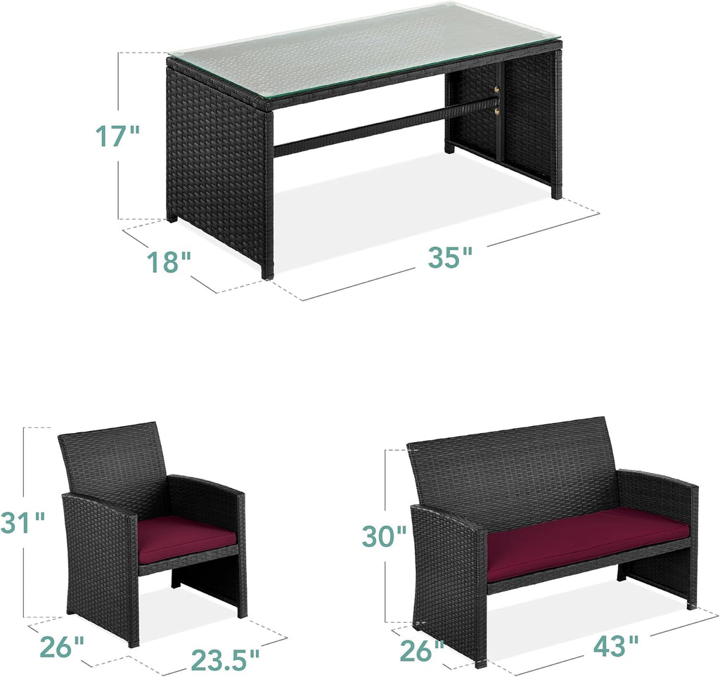 Best Choice Products 4-Piece Outdoor Wicker Patio Conversation Furniture Set for Backyard w/Coffee Table, Seat Cushions - Black/Deep Burgundy