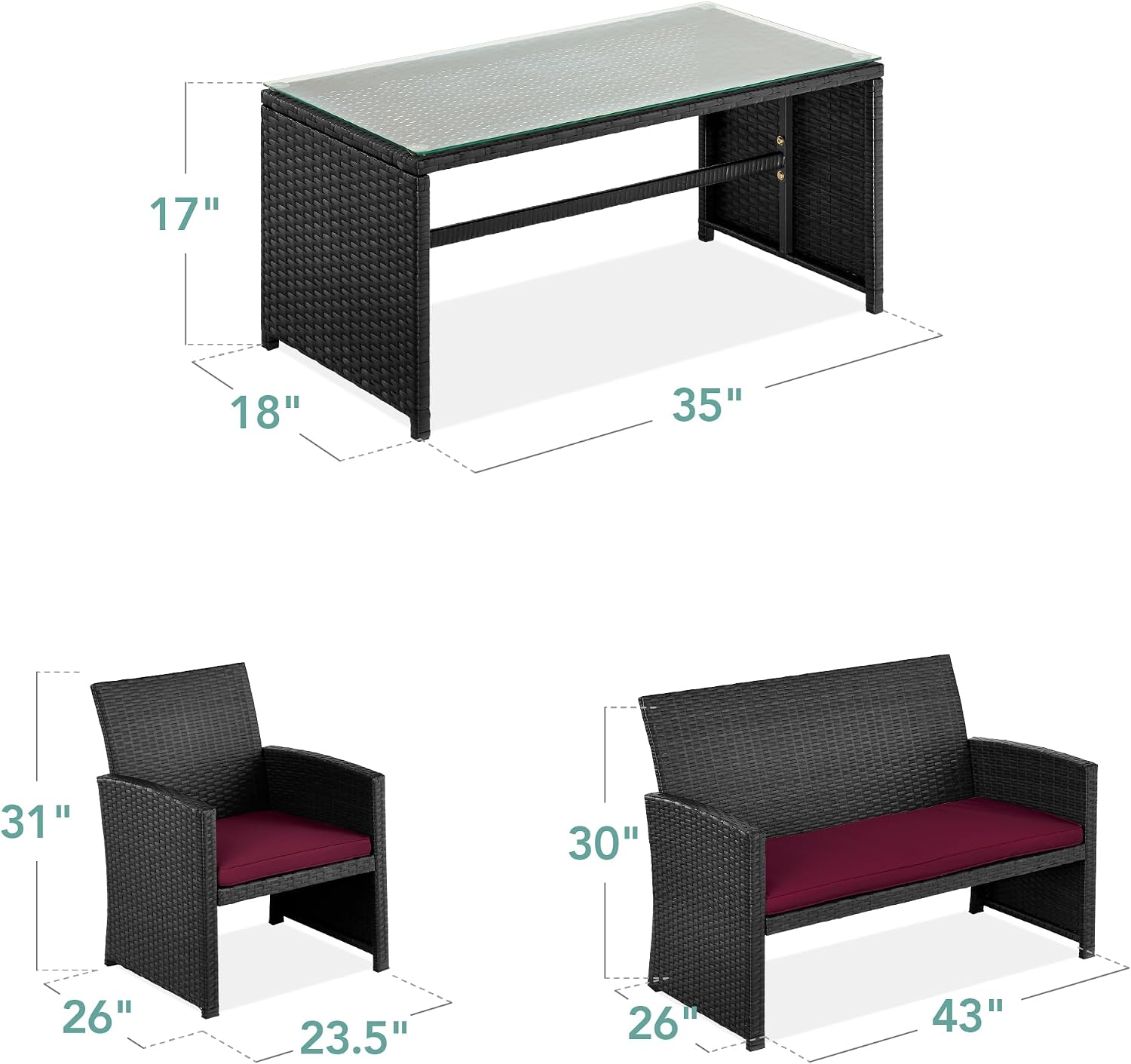 Best Choice Products 4-Piece Outdoor Wicker Patio Conversation Furniture Set for Backyard w/Coffee Table, Seat Cushions - Black/Deep Burgundy