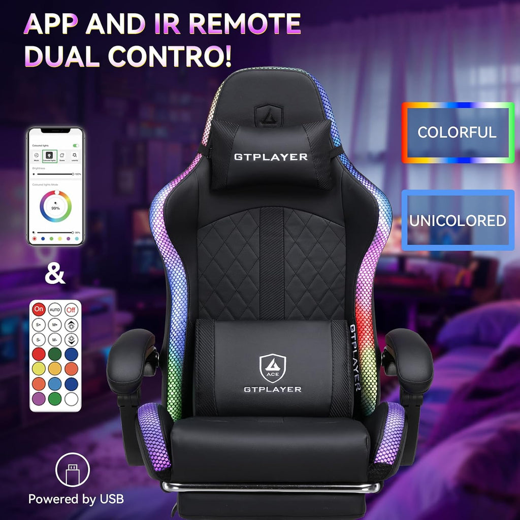 GTPLAYER RGB Gaming Chair with Speakers - LED Computer Game Chair for Adults, PC Home Office Chairs with Footrest & Lights, Reclining Desk Chairs, Dark Black
