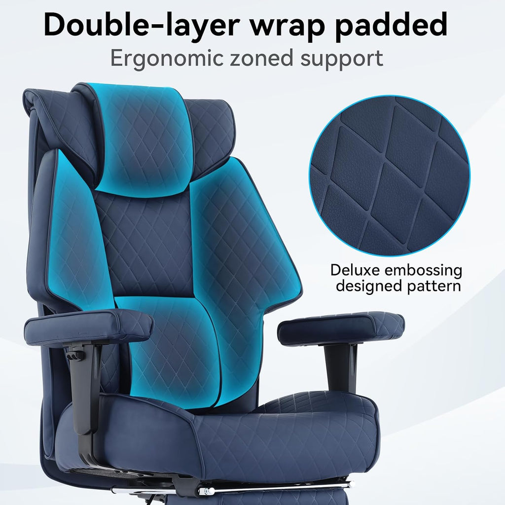 EXCEBET Big and Tall Office Chair with Footrest, PU Leather High Back Executive Office Chair 400lbs, Ergonomic Computer Chairs Lumbar Support for Heavy People (Blue)