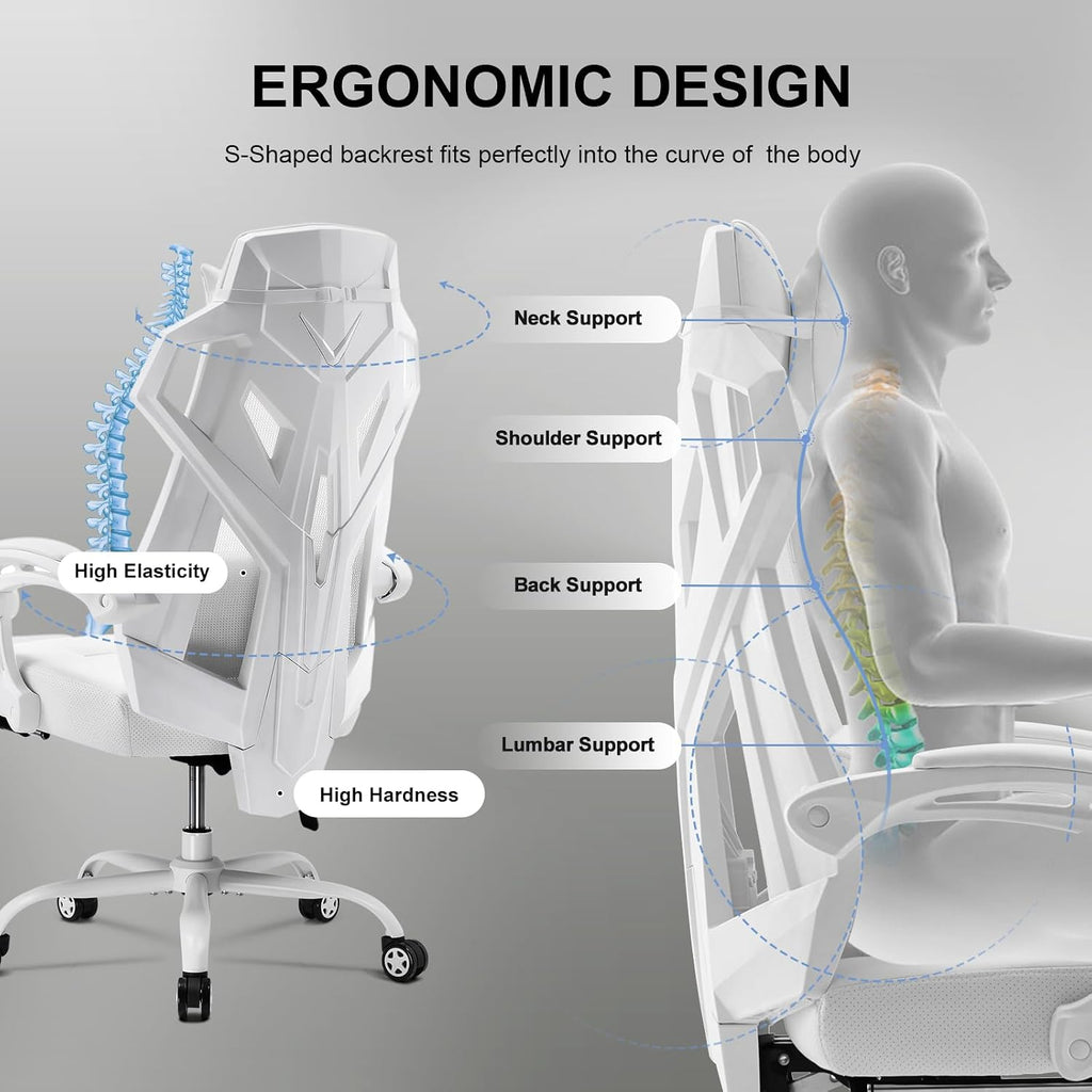GTPLAYER Gaming Chair, Computer Chair with Mesh Back, Ergonomic Game Chair with Footrest, Reclining Game Chair with Adjustable Headrest and Lumbar Support for Gaming and Office (White)