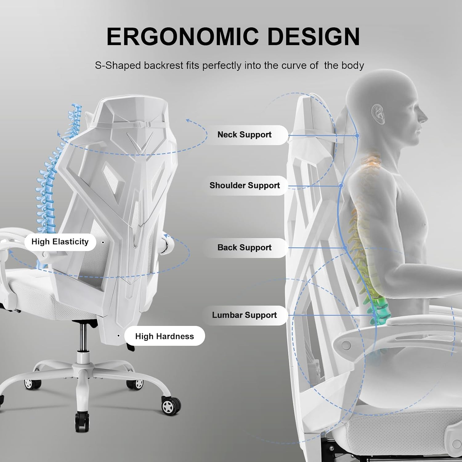 GTPLAYER Gaming Chair, Computer Chair with Mesh Back, Ergonomic Game Chair with Footrest, Reclining Game Chair with Adjustable Headrest and Lumbar Support for Gaming and Office (White)