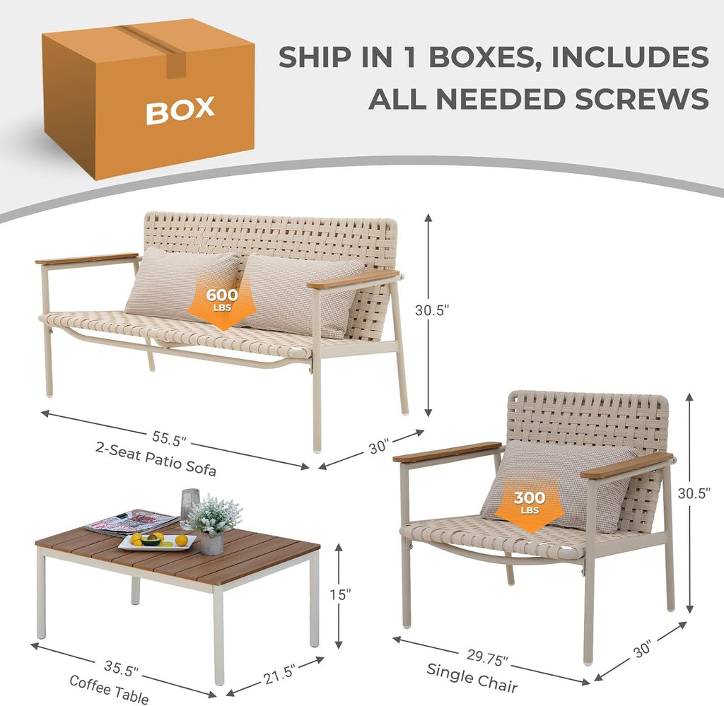 Grand patio 4-Piece Oversized Aluminum Patio Furniture Set, Extra Wide Wicker Sofa Set with E-Coated Faux Wood Grain Coffee Table and Water-Resistant Olefin Cushions