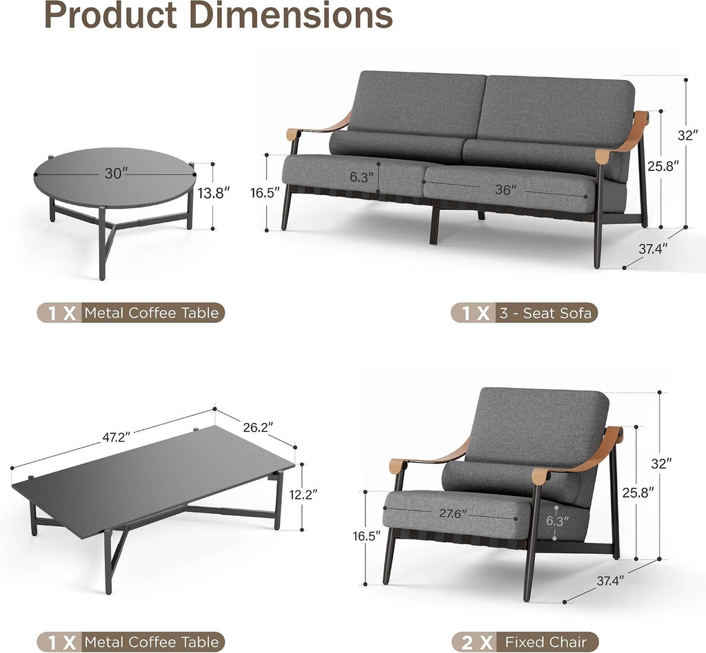 PHI VILLA Modern Outdoor Patio Furniture Set,Deep&Wide Seat with Extra Thick 6.3' Cushions Metal Outdoor Conversation Set(Backyard ICON Collection)