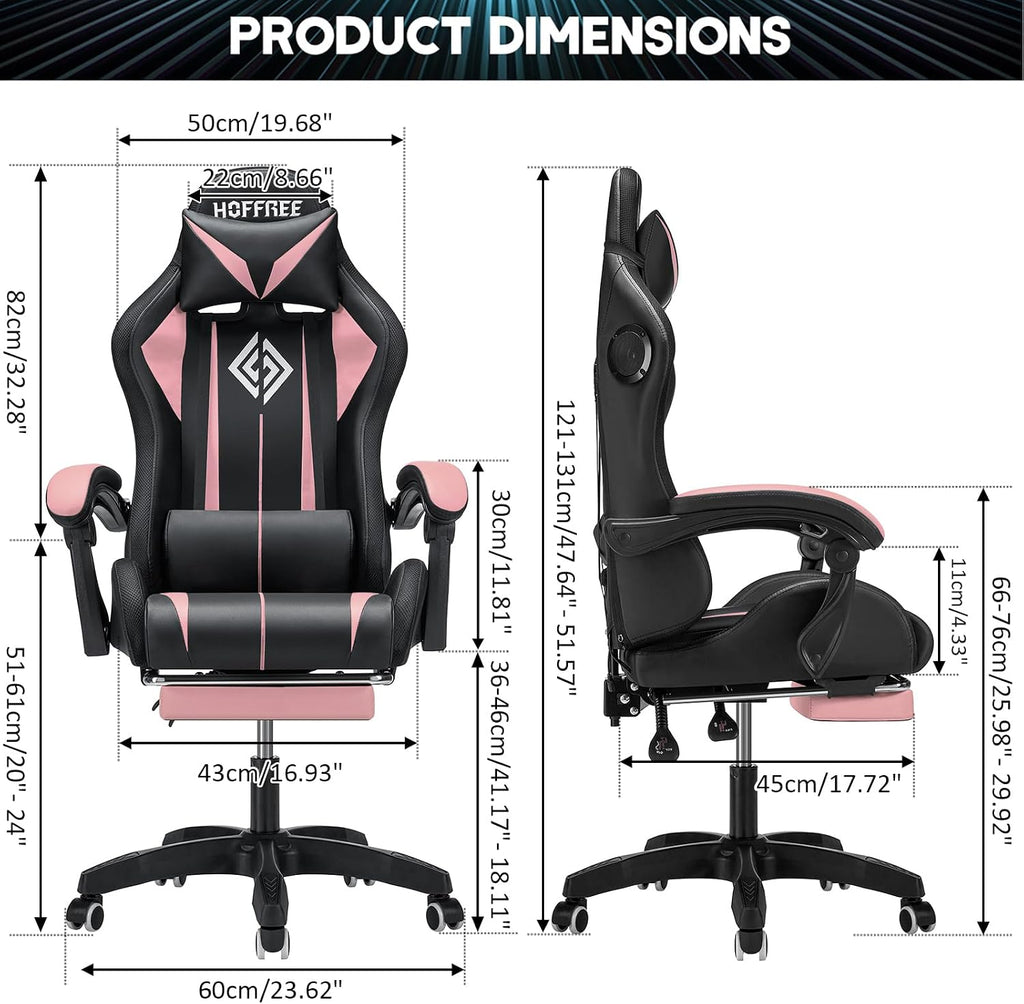 HOFFREE Pink Gaming Chair with Speakers and Led Lights Massage Video Game Chair with Footrest for Girls Reclining Computer Gaming Chair