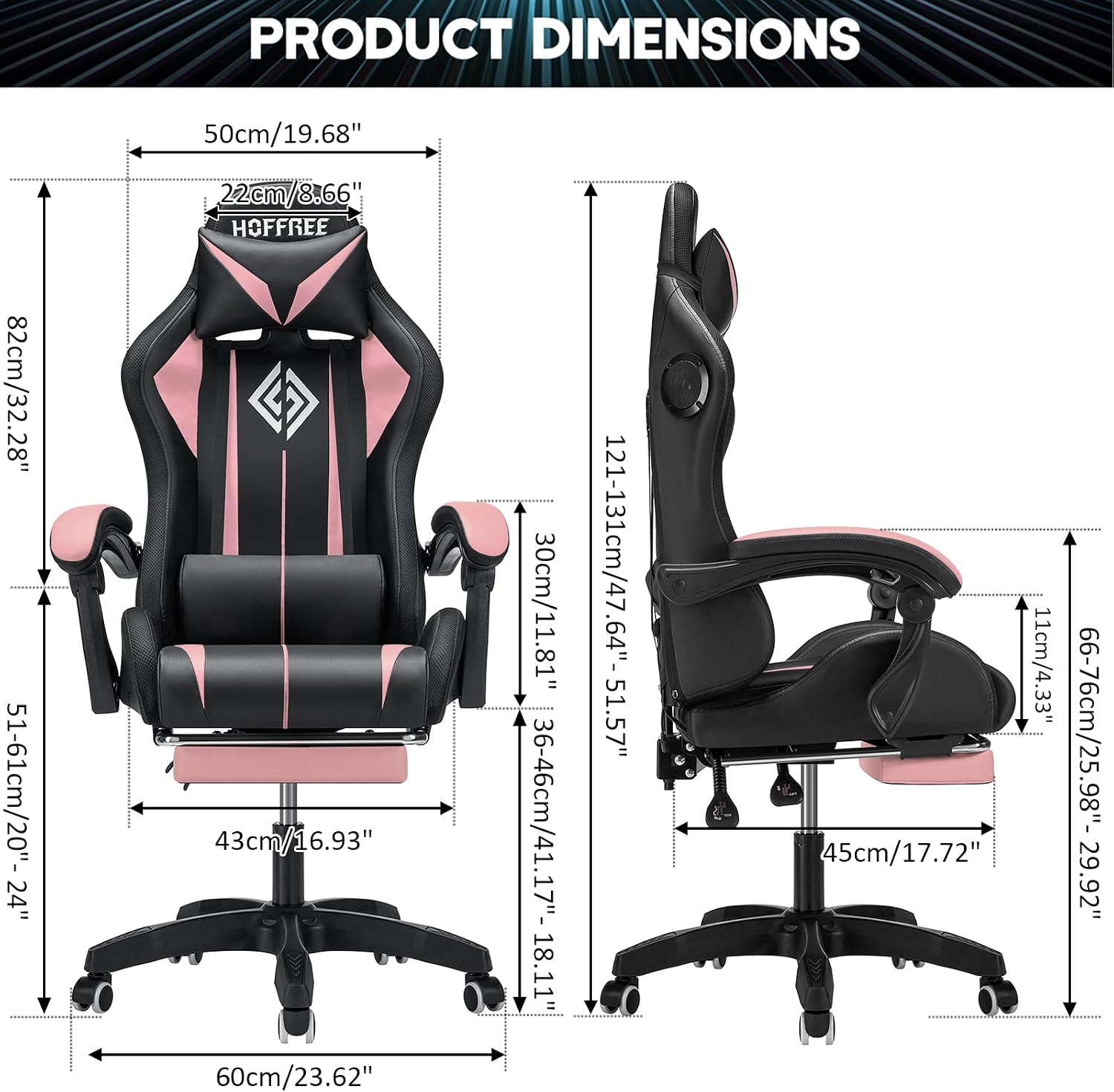 Gaming Chair with Speakers and Lights Ergonomic Computer Gaming Chair with Footrest LED RGB Lights Massage High Back Music Video Game Chair with Lumbar Support Pink and Black