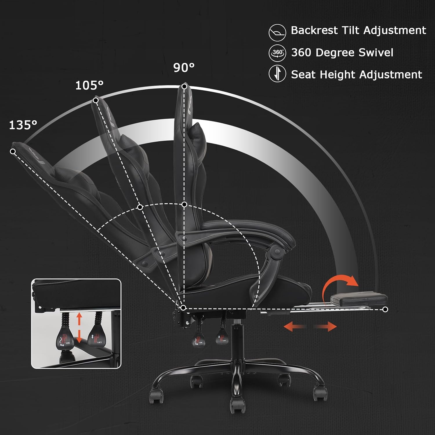 Gaming Chair with Linkage Armrest & Footrest, High Back Video Gaming Chair, Black