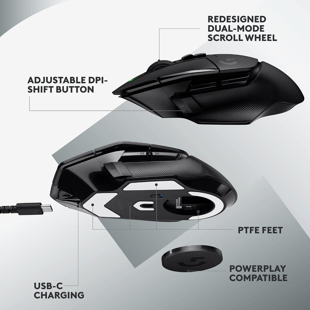 Logitech G502 X Lightspeed Wireless Gaming Mouse: Optical Switches, 13 Buttons, <140 hrs Battery Life & USB-C, Infinite Scroll Toggle, PowerPlay Wireless Charging Capable, for PC/MacOS - Black
