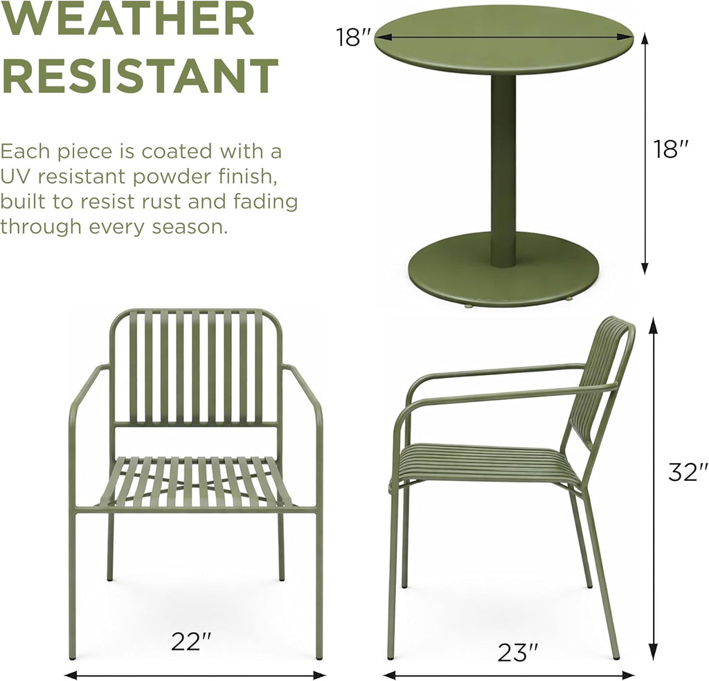 Alpine Corporation VTFAM152A Metal Outdoor Bistro Set, 3-Piece Patio Conversation Set with Round Side Table & 2 Chairs, Weather-Resistant Steel Frame, Compact Balcony Furniture, Green