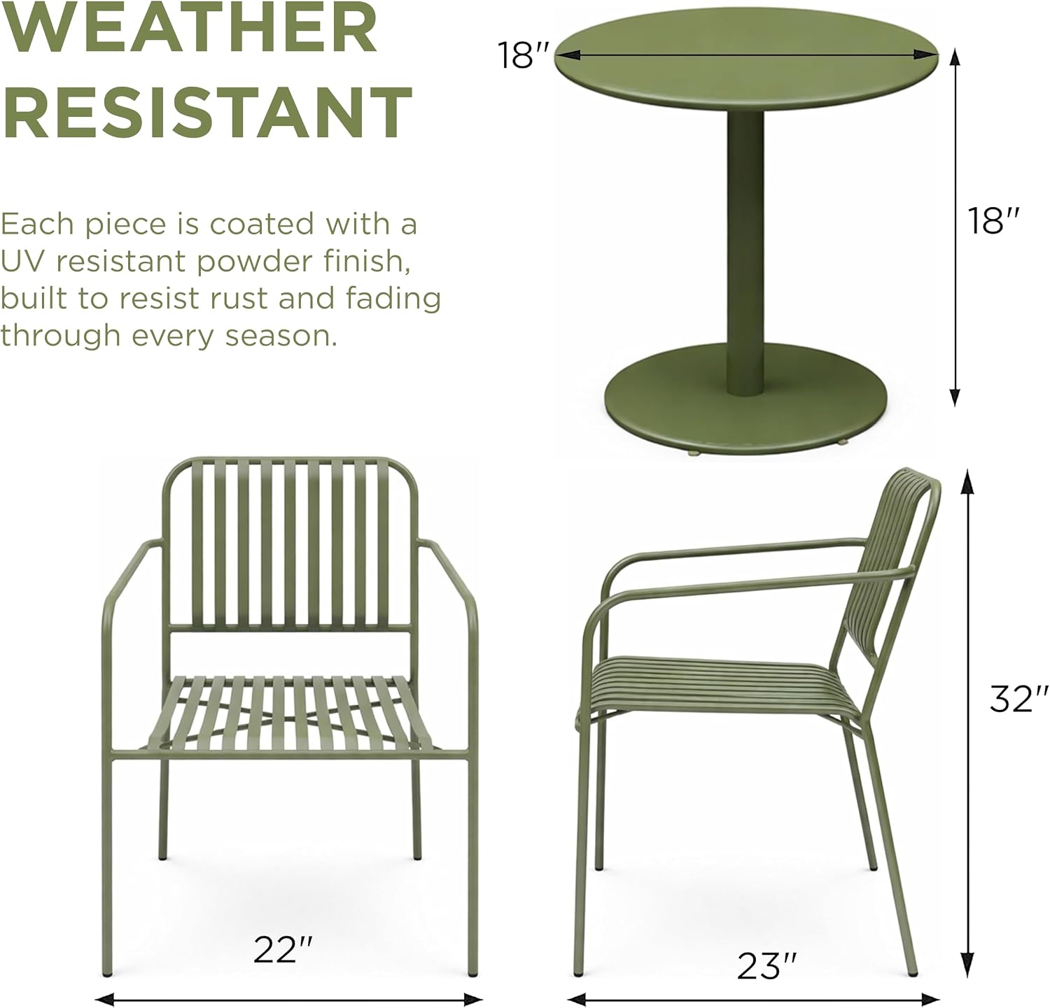 Alpine Corporation VTFAM152A Metal Outdoor Bistro Set, 3-Piece Patio Conversation Set with Round Side Table & 2 Chairs, Weather-Resistant Steel Frame, Compact Balcony Furniture, Green