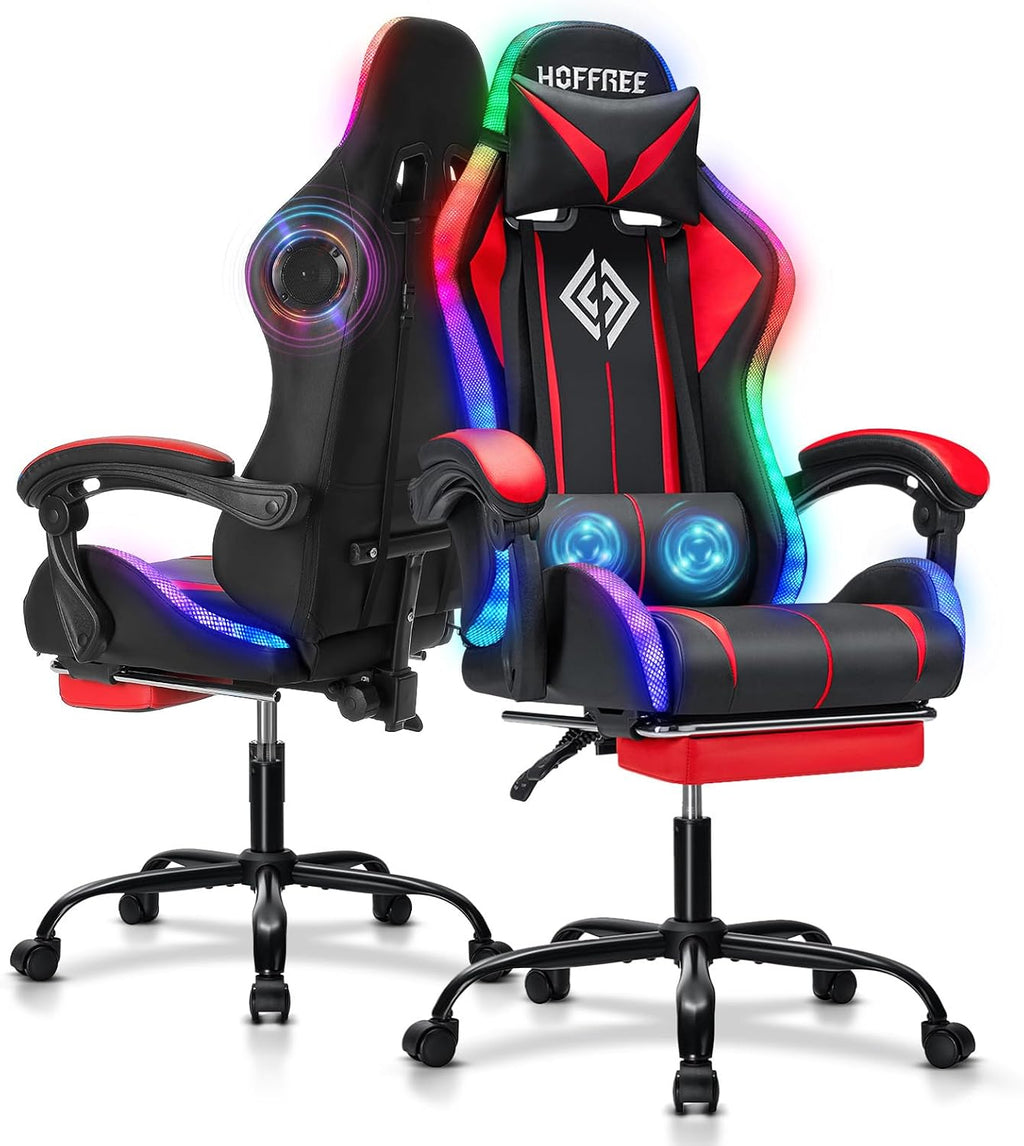 RGB Gaming Chair with Bluetooth Speakers and LED Lights Ergonomic Massage Computer Game Chair with Footrest High Back Music Video Game Chair with Lumbar Support Red and Black