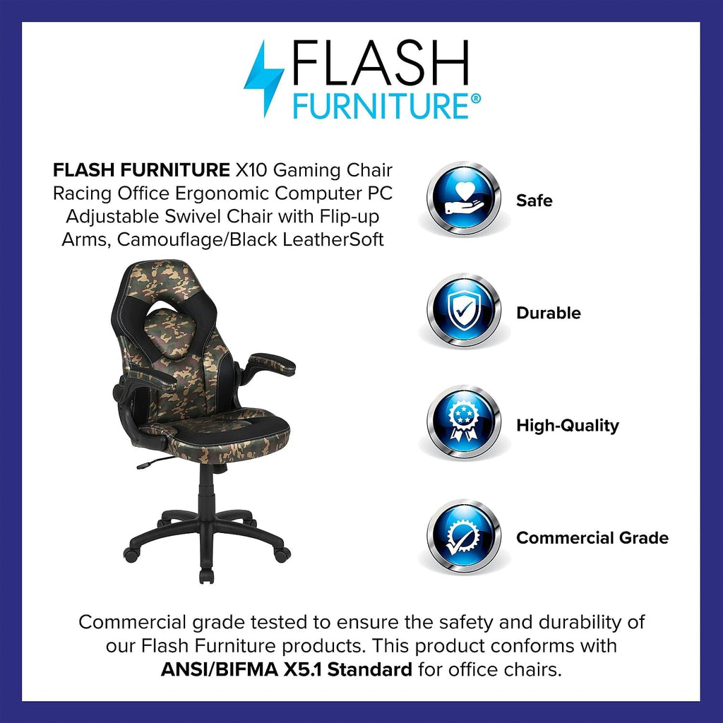 Flash Furniture X10 Gaming Chair Racing Office Ergonomic Computer PC Adjustable Swivel Chair with Flip-up Arms, Camouflage/Black LeatherSoft