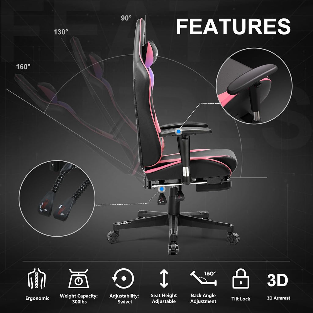 GTPLAYER Gaming Chair with Footrest, Ergonomic Computer Game Desk Chair, Recline Gaming Chair Seat Height Adjustment, Swivel Rocker with Headrest and Lumbar (Colorful)
