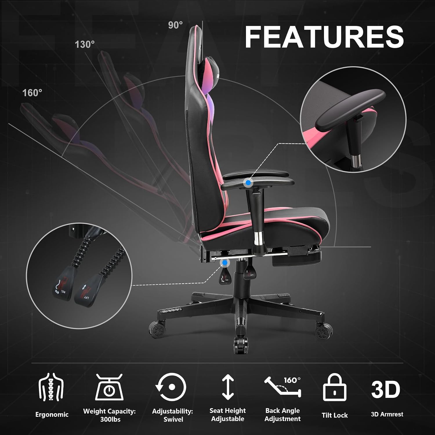 GTPLAYER Gaming Chair with Footrest, Ergonomic Computer Game Desk Chair, Recline Gaming Chair Seat Height Adjustment, Swivel Rocker with Headrest and Lumbar (Colorful)