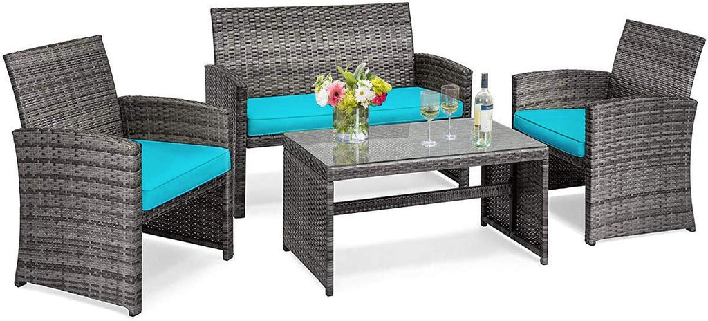 COSTWAY Patio Furniture Set 4 Pieces, Outdoor Wicker Chairs Sofa w/Coffee Table and Soft Cushions, Rattan Conversation Sets for Patio Lawn Backyard Yard Pool Garden, Turquoise