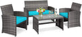 COSTWAY Patio Furniture Set 4 Pieces, Outdoor Wicker Chairs Sofa w/Coffee Table and Soft Cushions, Rattan Conversation Sets for Patio Lawn Backyard Yard Pool Garden, Turquoise