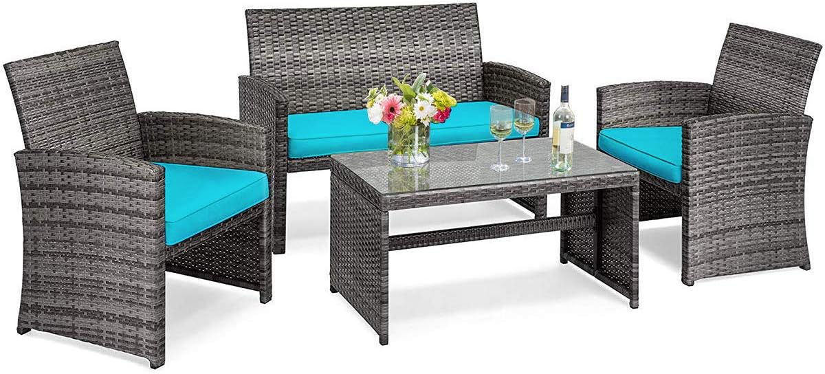 COSTWAY Patio Furniture Set 4 Pieces, Outdoor Wicker Chairs Sofa w/Coffee Table and Soft Cushions, Rattan Conversation Sets for Patio Lawn Backyard Yard Pool Garden, Turquoise