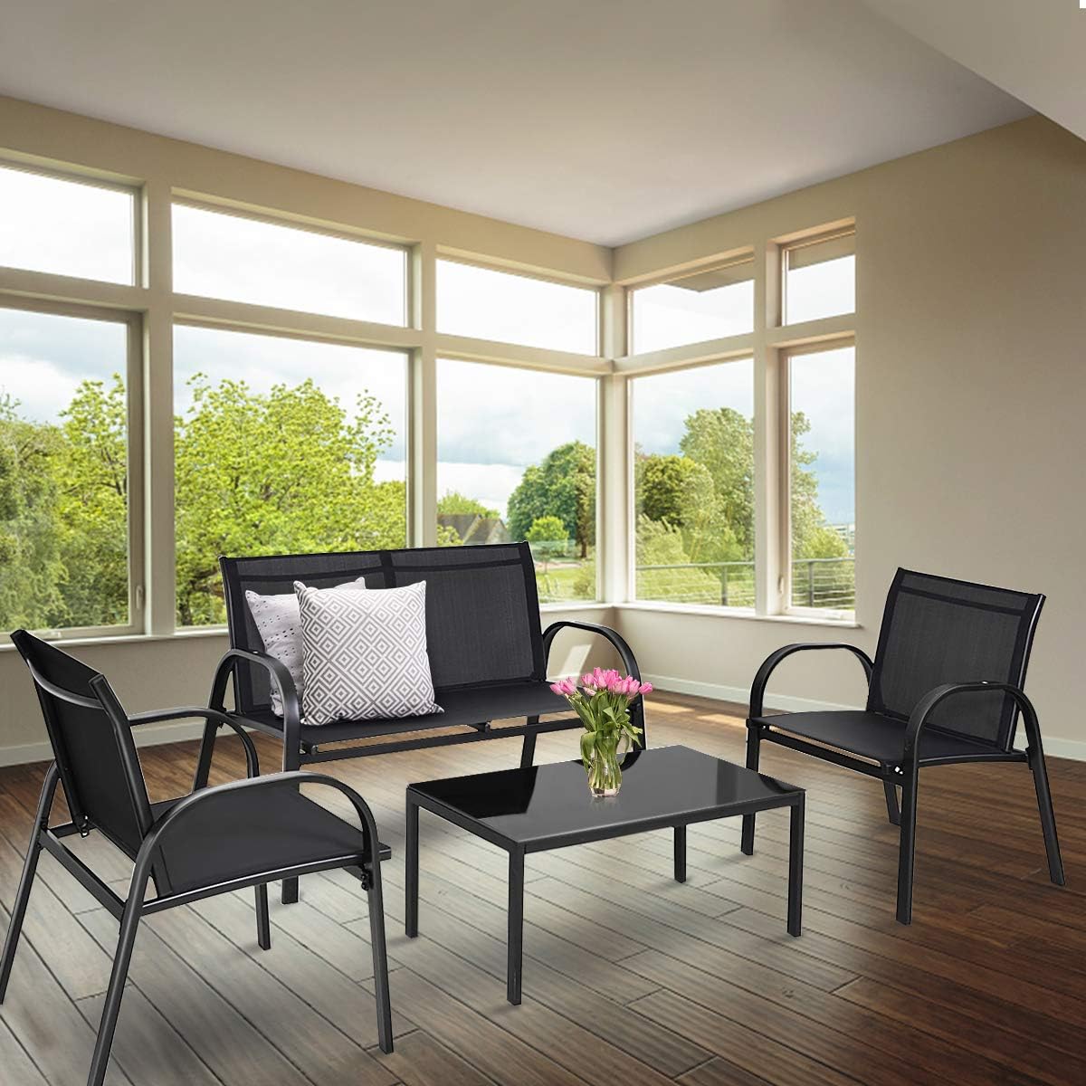 Tangkula 4 Pieces Patio Furniture Set, Metal Frame Heavy Duty Outdoor Conversation Set, Includes Glass Top Coffee Table, 2 Armrest Chairs and Loveseat, Suitable for Lawn Garden Porch Balcony Backyard
