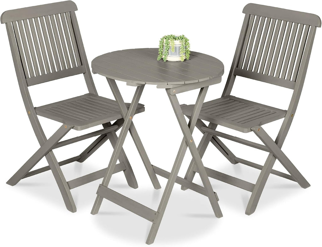 Best Choice Products 3-Piece Acacia Wood Bistro Set, Folding Patio Furniture for Backyard, Balcony, Deck w/ 2 Chairs, Round Coffee Table, Teak Finish - Gray