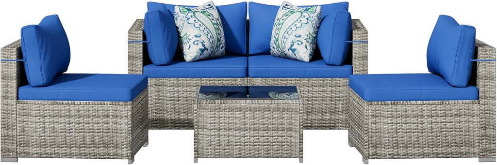 Tradare 5 Piece Patio Furniture Set, Outdoor Wicker Patio Sofa Set, PE Rattan Sectional Couch with Glass Table and Blue Cushions, All-Weather 5 Piece Outdoor Patio Furniture Sets, Grey