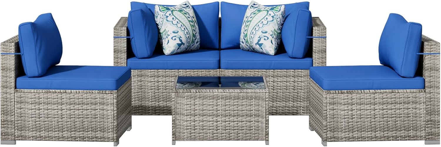 Tradare 5 Piece Patio Furniture Set, Outdoor Wicker Patio Sofa Set, PE Rattan Sectional Couch with Glass Table and Blue Cushions, All-Weather 5 Piece Outdoor Patio Furniture Sets, Grey