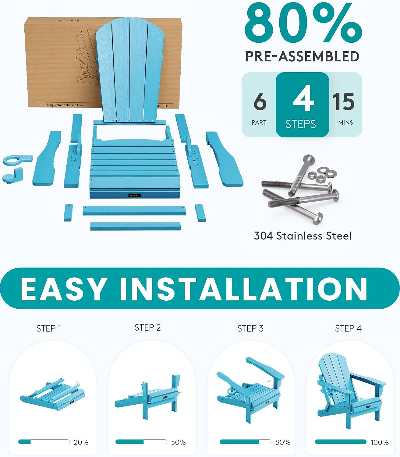 SERWALL Folding Adirondack Chair with Cup Holder Outdoor Adirondack Chairs Weather Resistant Patio Chair Fire Pit Chairs - Light Blue