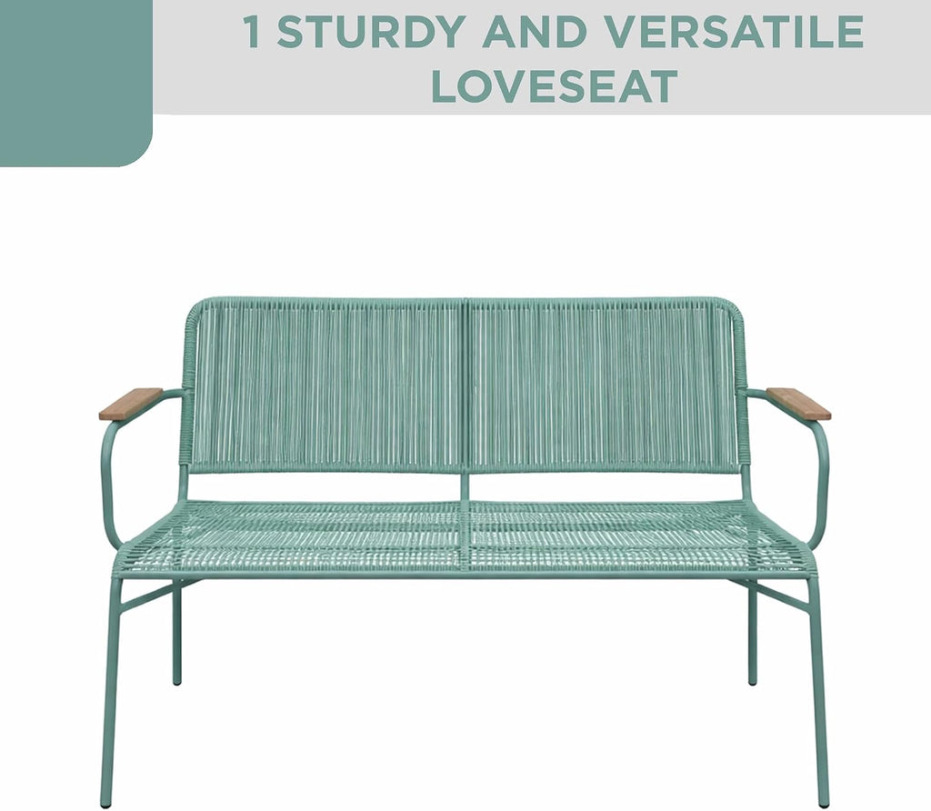 Alpine Corporation VTFAM170A 4-Piece Outdoor Rope Woven Patio Conversation Set – Sofa Bench, 2 Armchairs & Coffee Table – Modern Metal Frame with Wood Armrests – Indoor/Outdoor Seating Set