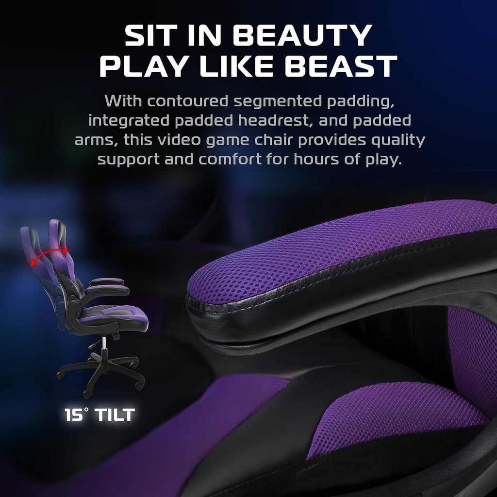 RESPAWN 3085 Ergonomic Gaming Chair for Adults, High Back Office Chair with Headrest and Flip Up Arms, Leather Racing Style Gaming Seat with Lumbar Support, Video Game Computer Desk Seat - Purple