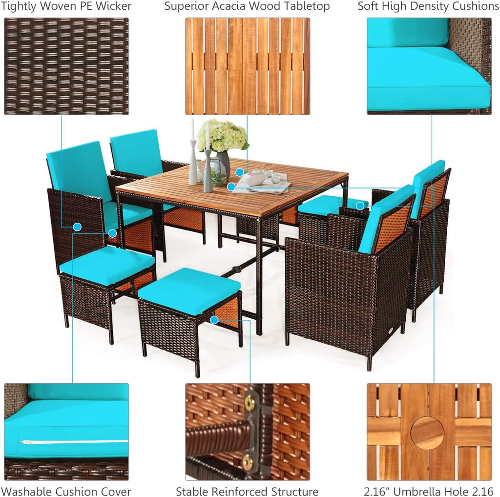 Tangkula 9 Pieces Acacia Wood Patio Dining Set, Space Saving Wicker Chairs and Wood Table with Umbrella Hole Outdoor Furniture Set, Suitable for Garden, Yard, Poolside, Outdoor Seating Set