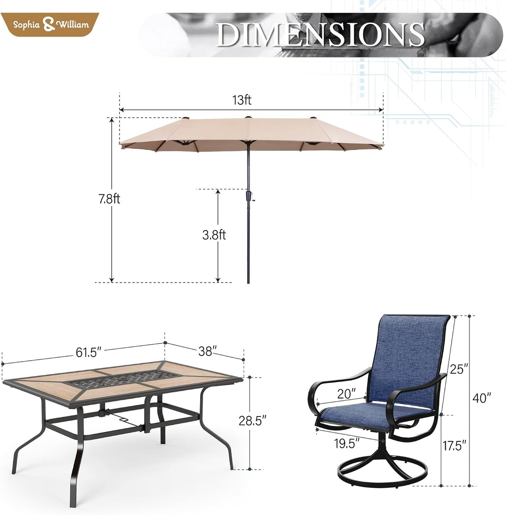 Sophia & William Patio Set with Umbrella Patio Dining Set for 6 with 13ft Rectangle Patio Umbrella Beige, 6 x Patio Chairs Blue, 1 Wood Like Outdoor Dining Table with Umbrella Hole for Lawn Garden