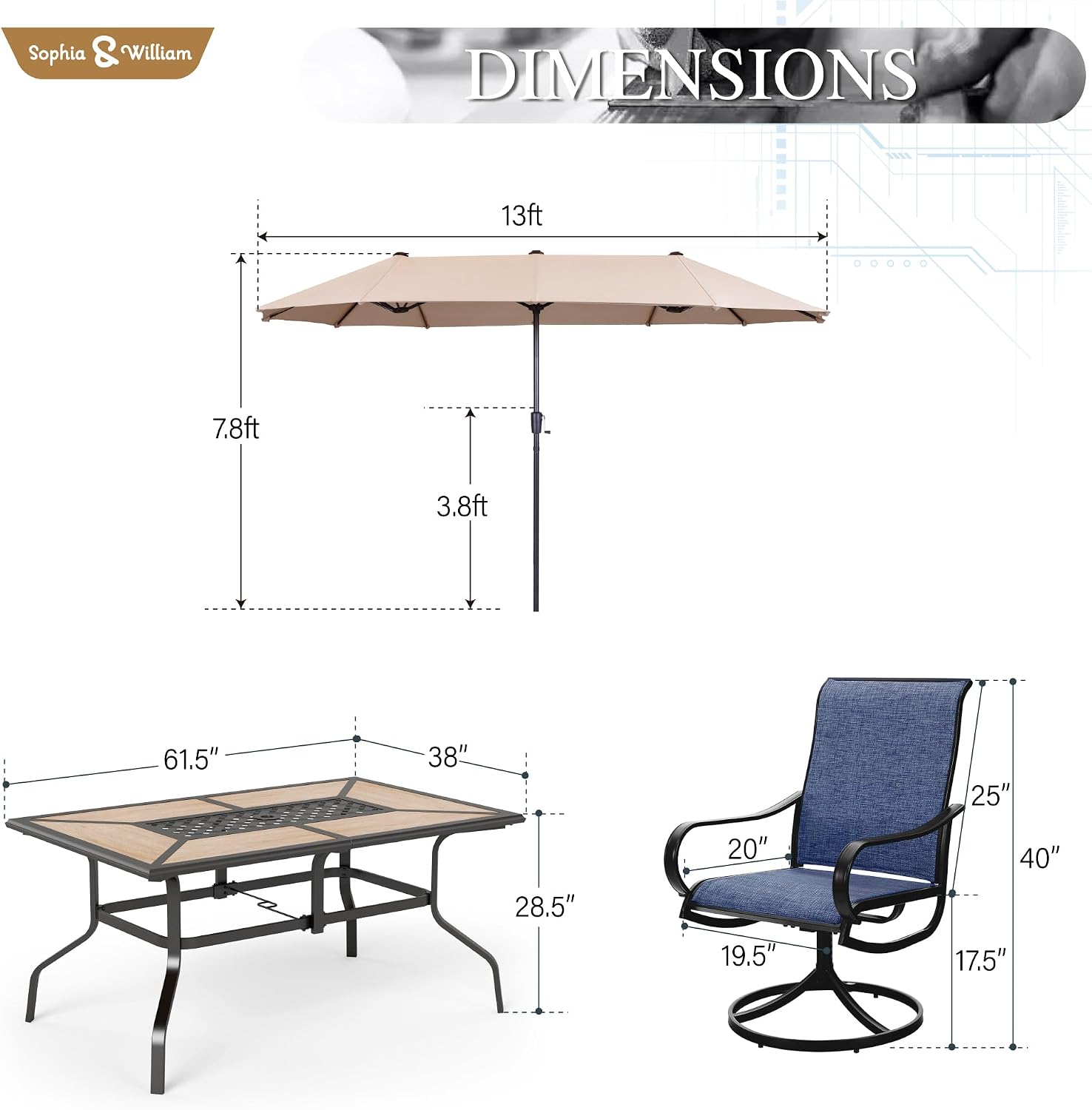 Sophia & William Patio Set with Umbrella Patio Dining Set for 6 with 13ft Rectangle Patio Umbrella Beige, 6 x Patio Chairs Blue, 1 Wood Like Outdoor Dining Table with Umbrella Hole for Lawn Garden