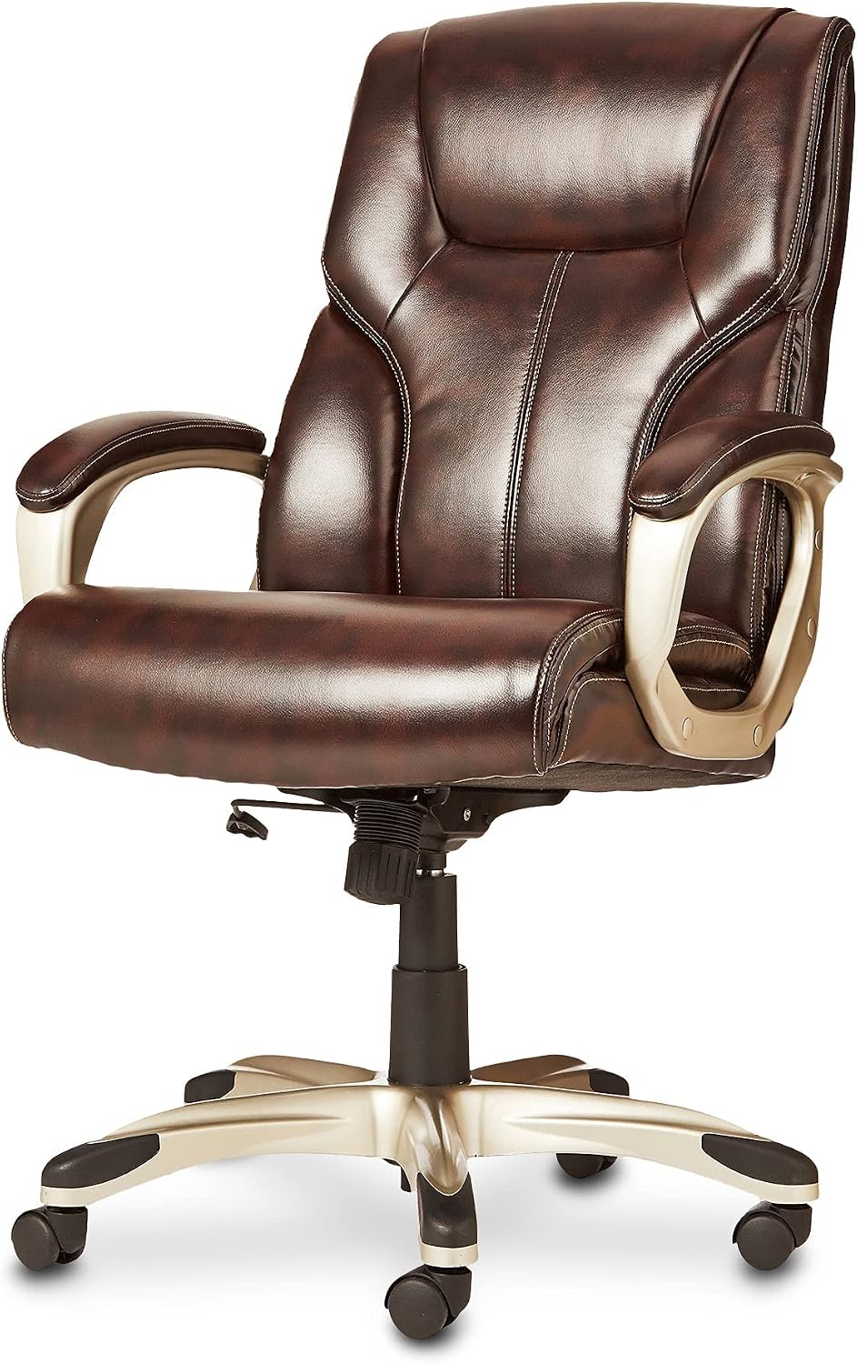 Amazon Basics Executive High Back Office Chair, Adjustable Height, Tilt, Swivel, Padded Armrests, Brown/Gold