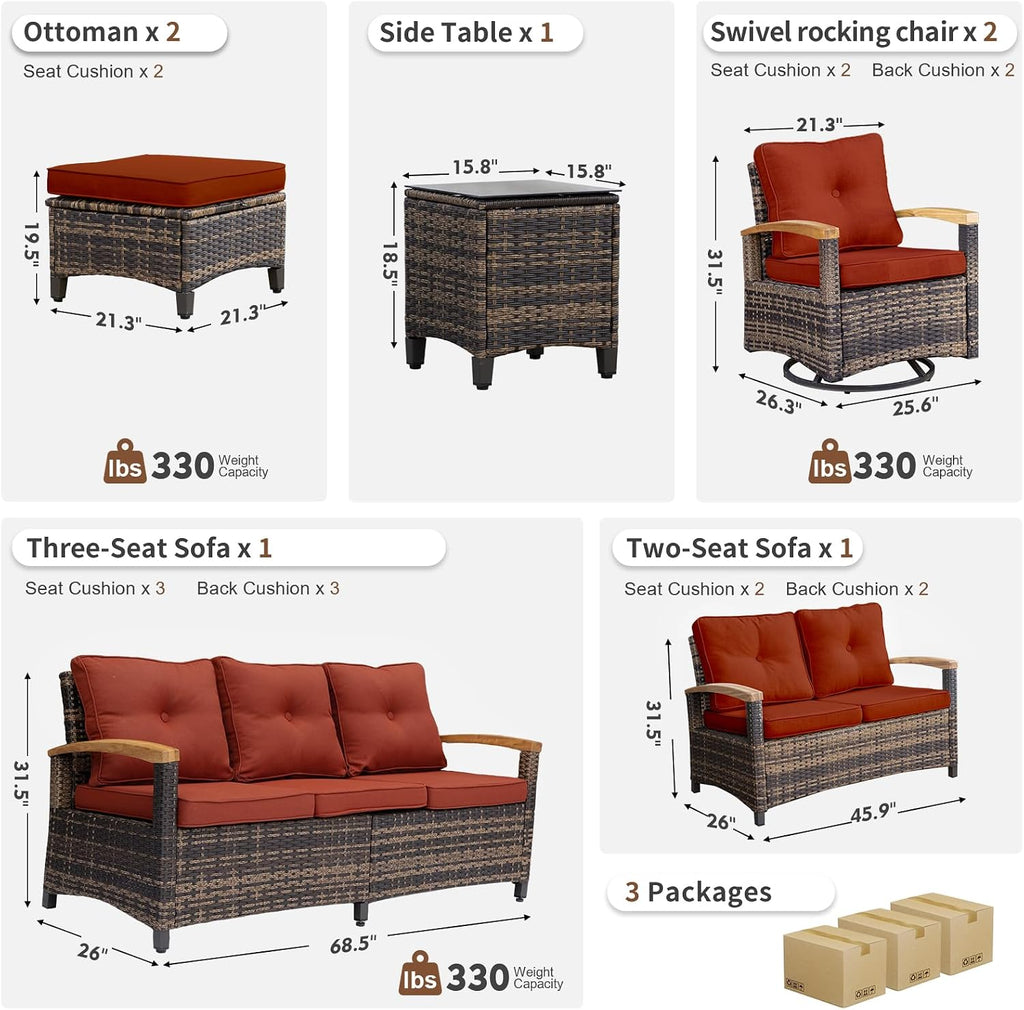 MEISSALIVVE 7 Pieces Outdoor Patio Furniture Sets, Wicker Patio Conversation Sets with 2 Wood Armrests Swivel Glide Chairs, Outdoor Couch for Deck Yard and Poolside (Red)
