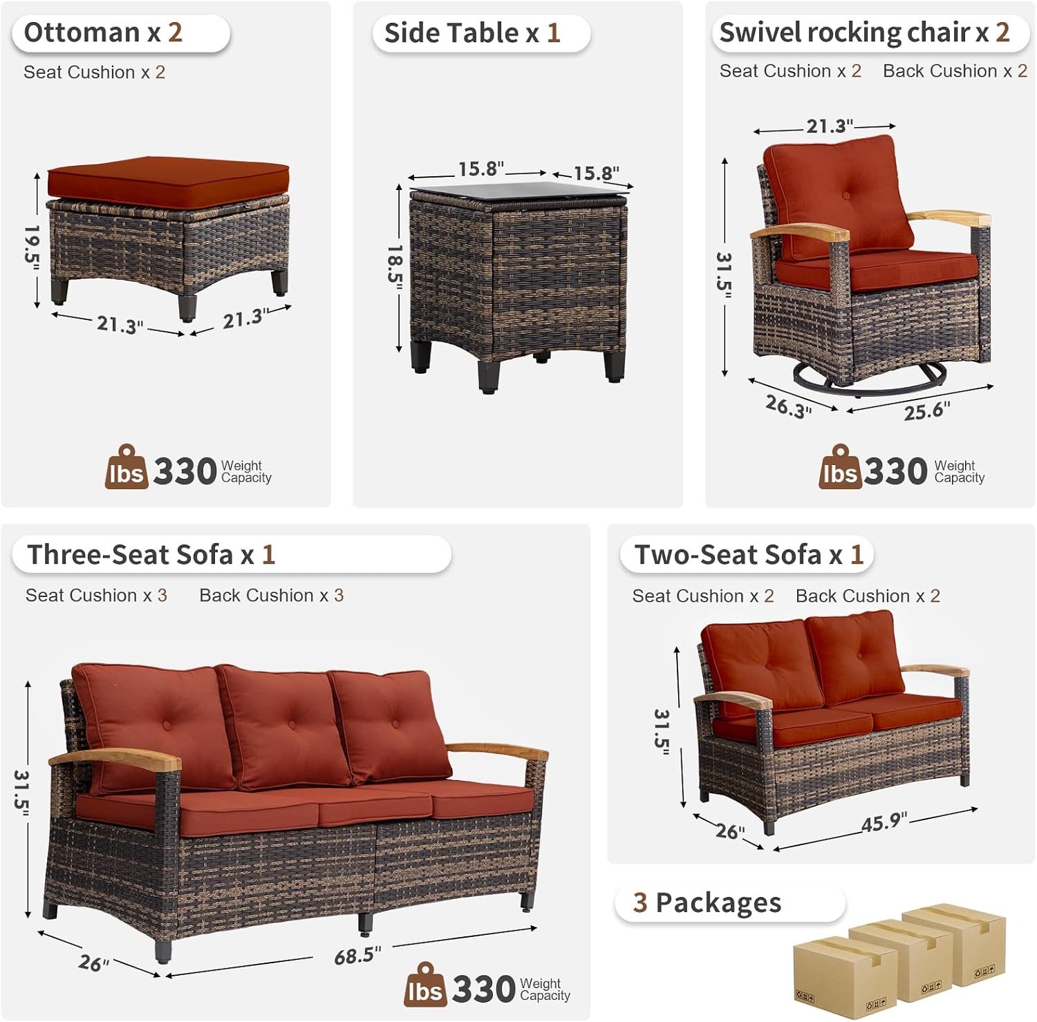 MEISSALIVVE 7 Pieces Outdoor Patio Furniture Sets, Wicker Patio Conversation Sets with 2 Wood Armrests Swivel Glide Chairs, Outdoor Couch for Deck Yard and Poolside (Red)