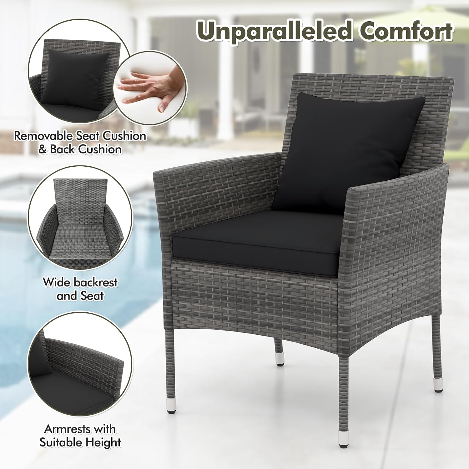 Tangkula 3-Piece Patio Furniture Set, PE Wicker Conversation Bistro Set w/A Tempered Glass Table & 2 Cushioned Chairs, Outdoor Table & Chairs Set for Patio Porch Yard Garden (Black)