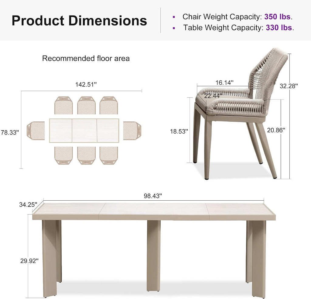 PURPLE LEAF 9 Pieces Patio Dining Set Aluminum Modern Rectangular Table and Wicker Chairs with Cushions for Kitchen Porch Garden Outdoor Furniture Sets, Champagne