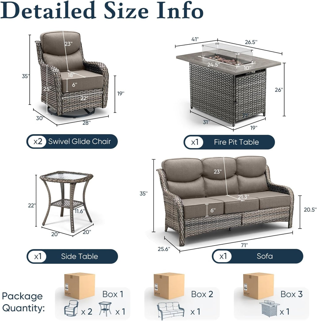 Belord Luxury 6' Thick Cushioned 5 Pieces Patio Furniture Set with Fire Pit Table, Wicker Outdoor Conversation Set with High Back Swivel Rocker Chairs for Deck Porch Yard and Poolside - Grey+Grey