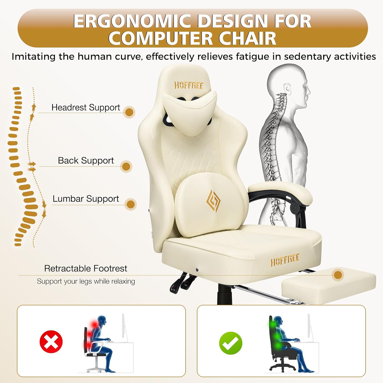 HOFFREE Gaming Chair Computer Chair with Speakers Massage Game Chairs with Footrest Bluetooth High Back Ergonomic Computer Gaming Chairs for Adults Reclining Video Gamer Chair Ivory
