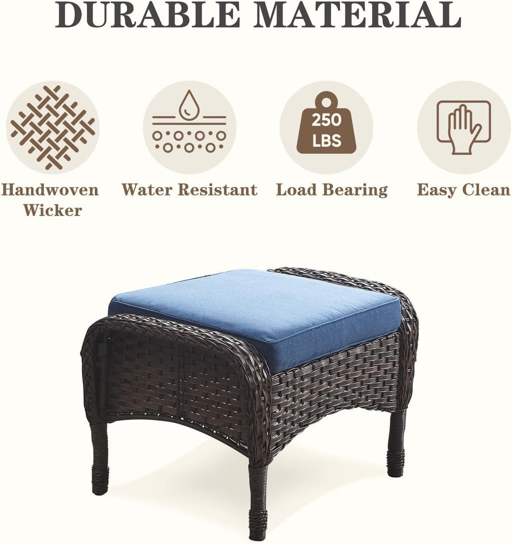 Belord Wicker Outdoor Furniture Set - 7 Piece Patio Conversation Sets with Comfort Swivel Rocker Glider Patio Chairs Set of 2 and Rattan Sofa,Tempered Glass Coffee Table and Side Table,Brown/Blue