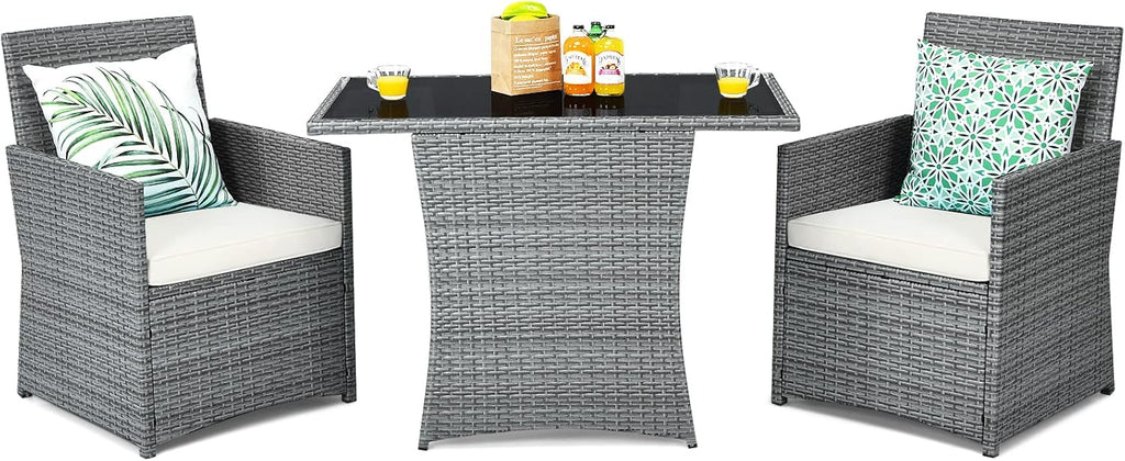 Tangkula 3 Pieces Patio Dining Set, Patiojoy Space-Saving PE Rattan Bistro Set with Tempered Glass Top Table and Cushioned Chairs, Outdoor Conversation Set for Garden, Backyard, Poolside, Porch